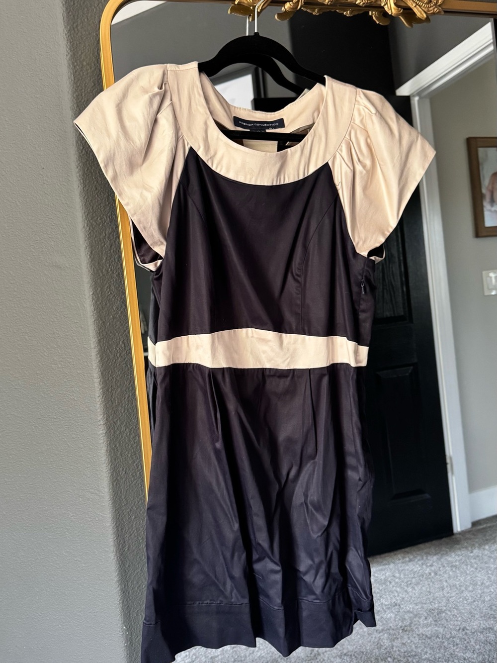 French Connection Navy and Cream Colorblock Cap-Sleeve Mini Dress